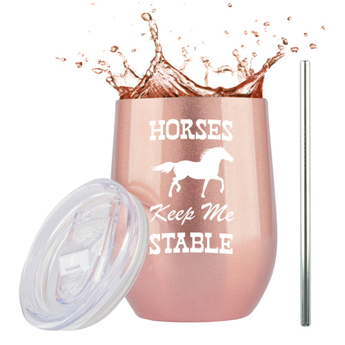 Horses Keep Me Stable - 12oz Rose Gold Coffee/Wine Tumbler with Premium Sliding Lid by JENVIO