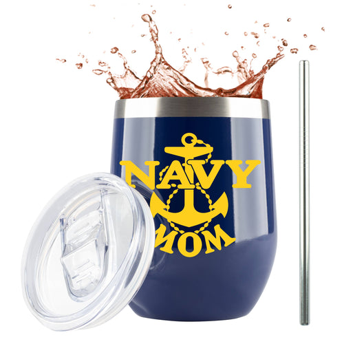 Navy Mom - 12 Ounce Indigo Stainless Steel Wine/Coffee Tumbler with Sliding Lid by Jenvio