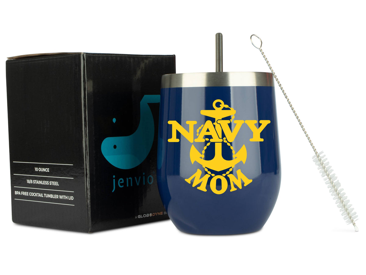 Navy Mom - 12 Ounce Indigo Stainless Steel Wine/Coffee Tumbler with Sl –  Jenvio