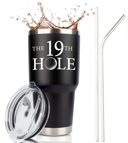 The 19th Hole - XL 30 Ounce Stainless Steel Black Travel Tumbler with Premium Sliding Lid by Jenvio