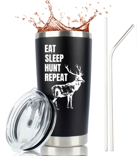 Eat Sleep Hunt Repeat 20 Ounce Black Stainless Steel Tumbler with Sliding Lid and two straws by JENVIO