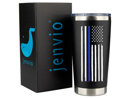 Thin Blue Line Police Flag - 20oz Black Stainless Steel Tumbler with Premium Sliding Lid by JENVIO