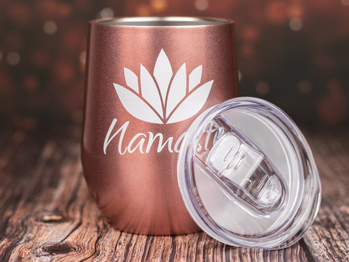 Namaste - Yoga Gifts - 12 Ounce Rose Gold Stainless Steel Wine/Coffee Tumbler with Premium Sliding Lid by JENVIO