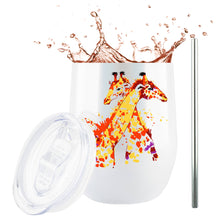 Load image into Gallery viewer, Giraffe Watercolor 12 Ounce White Stainless Steel Wine Tumbler with Lid and 2 Straws by JENVIO