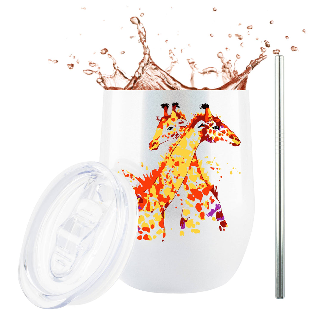 Giraffe Watercolor 12 Ounce White Stainless Steel Wine Tumbler with Lid and 2 Straws by JENVIO