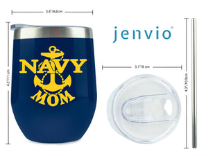 Navy Mom - 12 Ounce Indigo Stainless Steel Wine/Coffee Tumbler with Sliding Lid by Jenvio