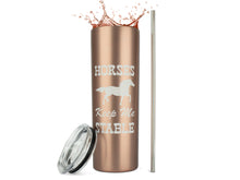 Load image into Gallery viewer, Horses Keep Me Stable - 20 Ounce Skinny Rose Gold Travel Tumbler with Lid Straw and Gift Box by JENVIO