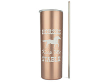 Load image into Gallery viewer, Horses Keep Me Stable - 20 Ounce Skinny Rose Gold Travel Tumbler with Lid Straw and Gift Box by JENVIO