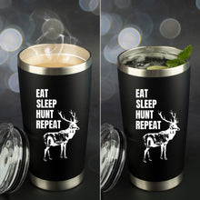 Load image into Gallery viewer, Eat Sleep Hunt Repeat 20 Ounce Black Stainless Steel Tumbler with Sliding Lid and two straws by JENVIO