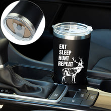 Load image into Gallery viewer, Eat Sleep Hunt Repeat 20 Ounce Black Stainless Steel Tumbler with Sliding Lid and two straws by JENVIO