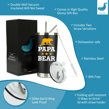 Load image into Gallery viewer, &quot;Papa Bear&quot; - Dad Gifts - 20 Ounce Black Double Wall Insulated Stainless Steel Tumbler with Sliding Lid