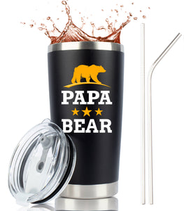 "Papa Bear" - Dad Gifts - 20 Ounce Black Double Wall Insulated Stainless Steel Tumbler with Sliding Lid
