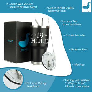 The 19th Hole - XL 30 Ounce Stainless Steel Black Travel Tumbler with Premium Sliding Lid by Jenvio