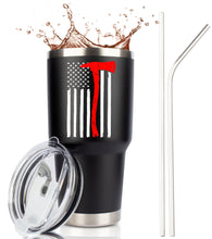 Load image into Gallery viewer, Firefighter Ax Flag 30 Ounce Black Stainless Steel Tumbler with Lid and 2 Straws by JENVIO