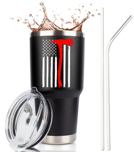 Firefighter Ax Flag 30 Ounce Black Stainless Steel Tumbler with Lid and 2 Straws by JENVIO