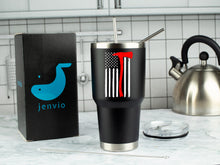 Load image into Gallery viewer, Firefighter Ax Flag 30 Ounce Black Stainless Steel Tumbler with Lid and 2 Straws by JENVIO