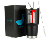 Load image into Gallery viewer, Firefighter Ax Flag 30 Ounce Black Stainless Steel Tumbler with Lid and 2 Straws by JENVIO