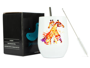 Giraffe Watercolor 12 Ounce White Stainless Steel Wine Tumbler with Lid and 2 Straws by JENVIO