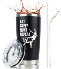 Load image into Gallery viewer, Eat Sleep Hunt Repeat 20 Ounce Black Stainless Steel Tumbler with Sliding Lid and two straws by JENVIO