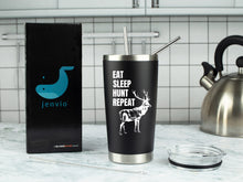 Load image into Gallery viewer, Eat Sleep Hunt Repeat 20 Ounce Black Stainless Steel Tumbler with Sliding Lid and two straws by JENVIO