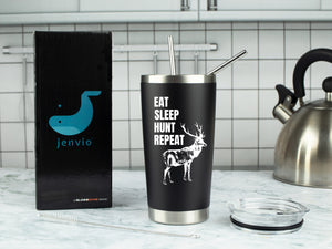 Eat Sleep Hunt Repeat 20 Ounce Black Stainless Steel Tumbler with Sliding Lid and two straws by JENVIO