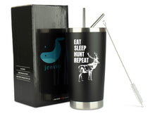 Load image into Gallery viewer, Eat Sleep Hunt Repeat 20 Ounce Black Stainless Steel Tumbler with Sliding Lid and two straws by JENVIO