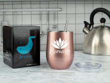 Load image into Gallery viewer, Namaste 12 Ounce Rose Gold Stainless Steel Wine Tumbler with Lid and 2 Straws by JENVIO
