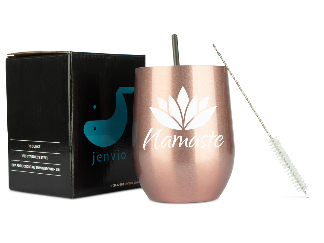 Namaste 12 Ounce Rose Gold Stainless Steel Wine Tumbler with Lid and 2 Straws by JENVIO