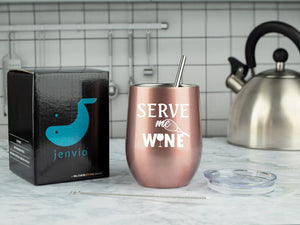 Serve Me Wine 12 Ounce Rose Gold Stainless Steel Wine Tumbler by JENVIO