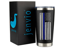 Load image into Gallery viewer, Thin Blue Line Police Flag - 20oz Black Stainless Steel Tumbler with Premium Sliding Lid by JENVIO