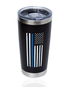 Thin Blue Line Police Flag - 20oz Black Stainless Steel Tumbler with Premium Sliding Lid by JENVIO